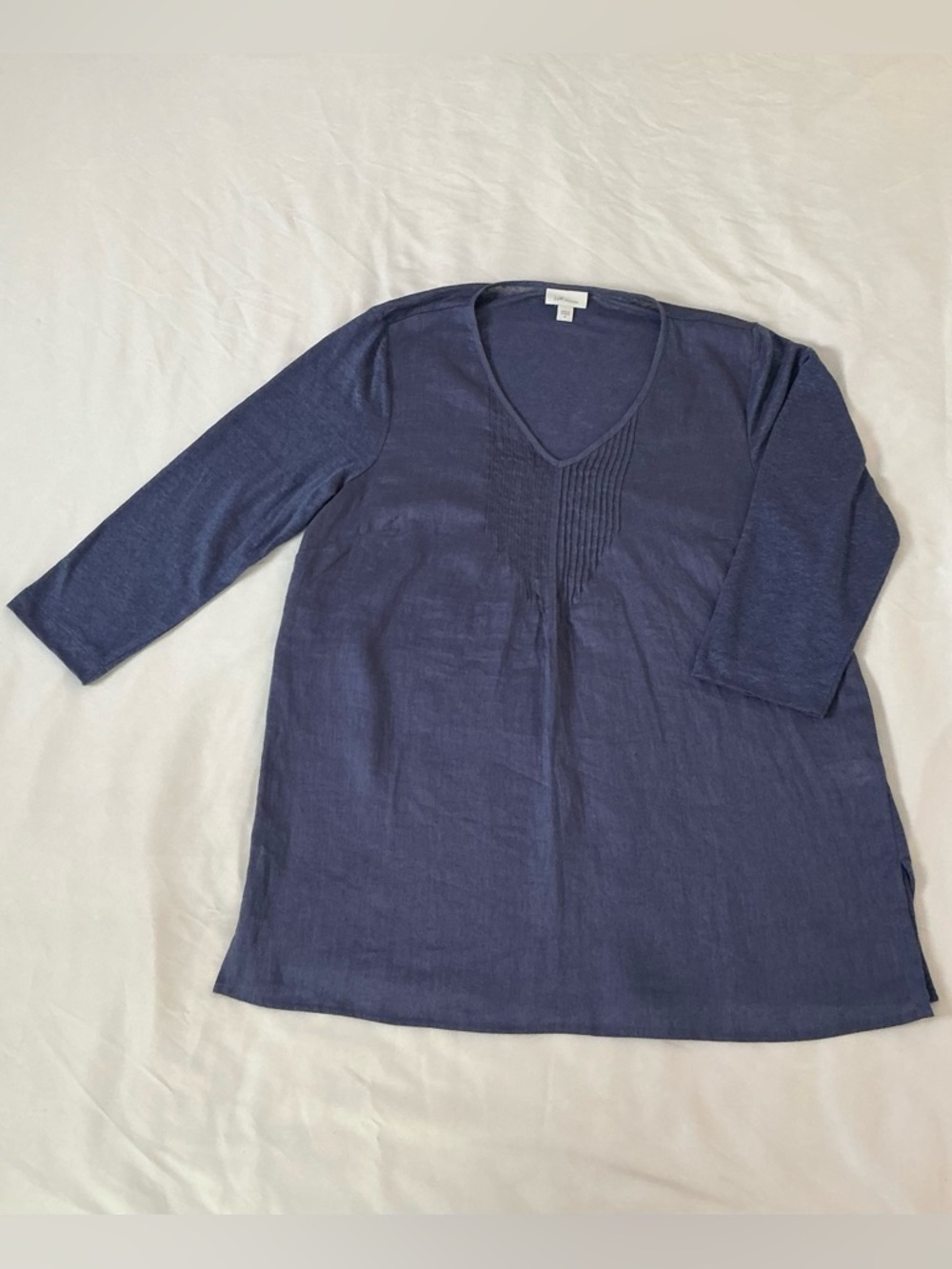 J.Jill Love Linen Blue Tunic Top | Medium | V‑Neck Pintuck | Modern Fit